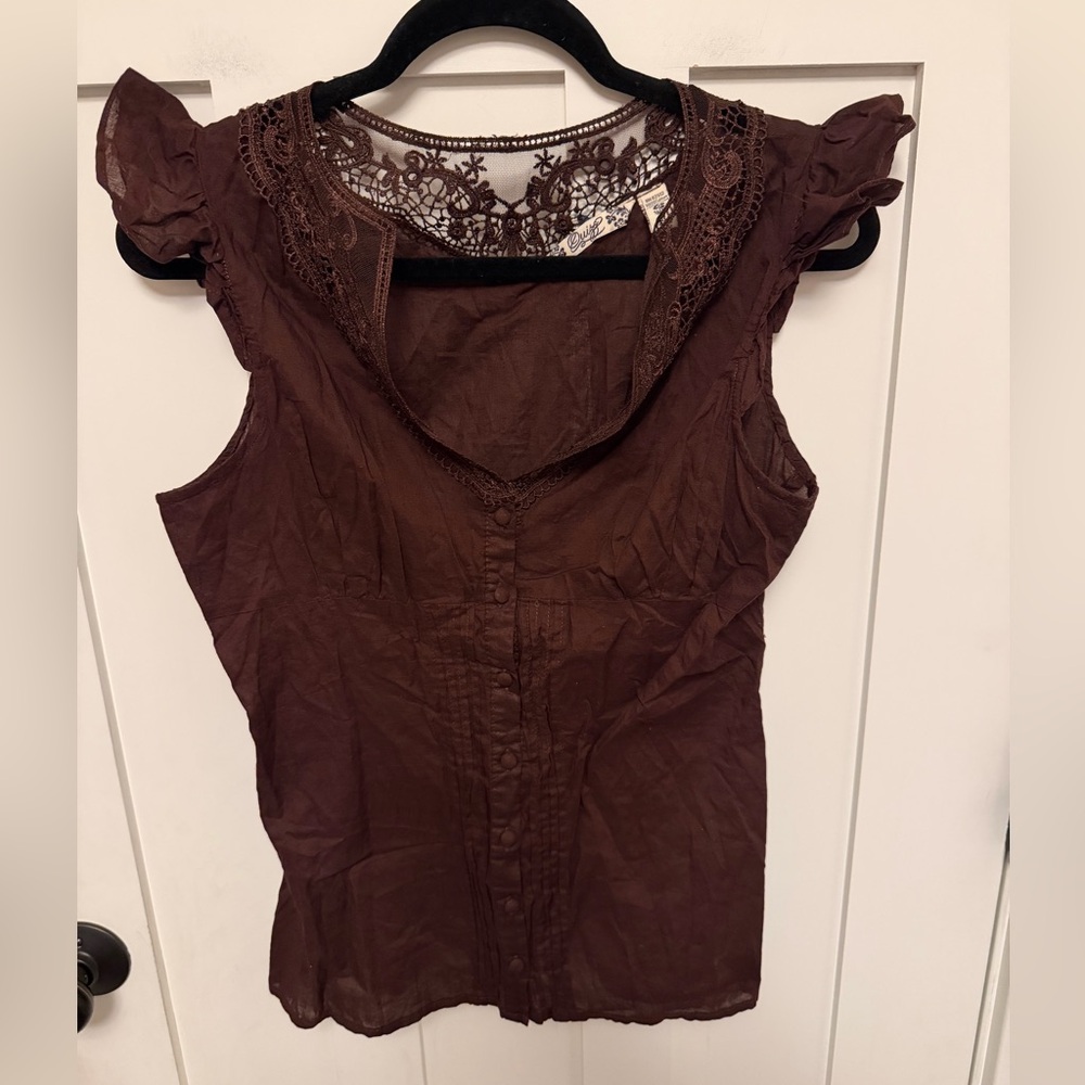 Quiz Chocolate Brown Lace Trim Flutter Sleeve Button Front Top Y2K Large Cotton